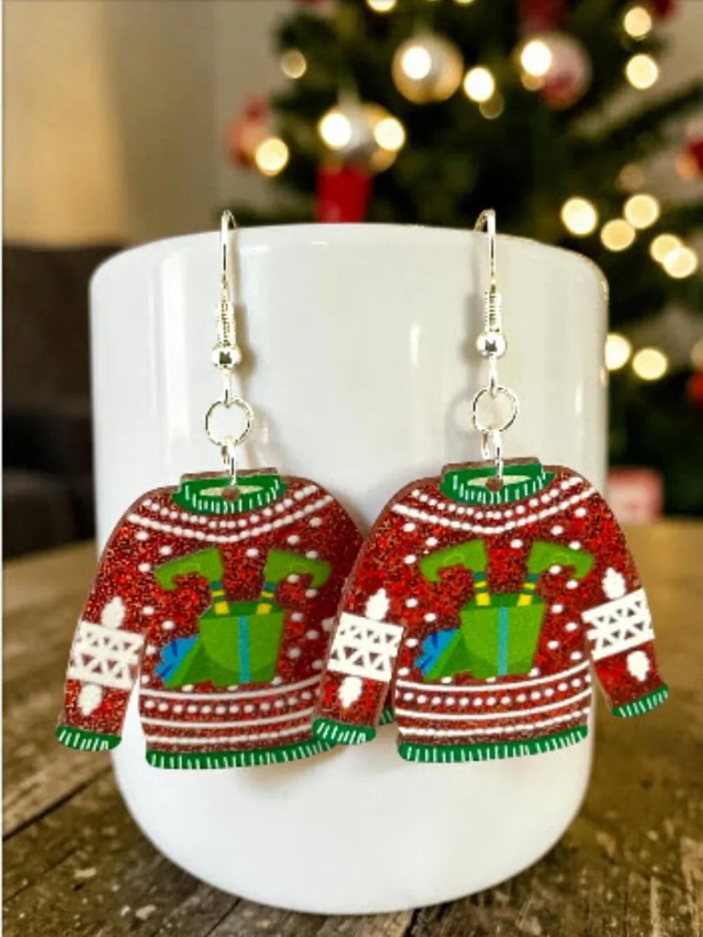 Ugly Elf Sweater Earrings Red Glitter Christmas Holiday Party Dangle Gift